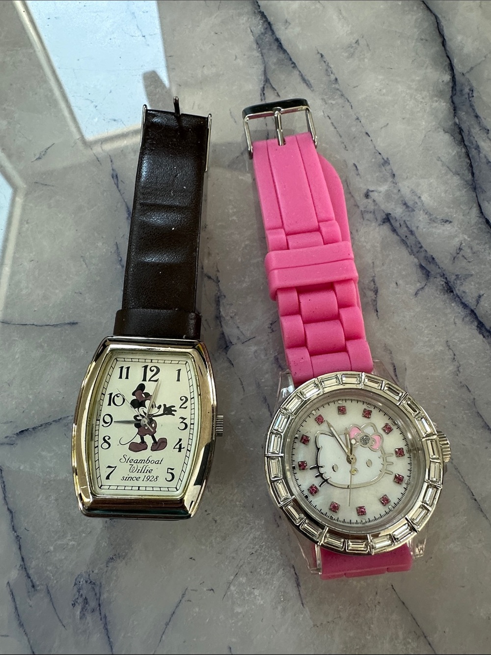 Pink Hello Kitty Style Watch + Leather Mickey Mouse Watch